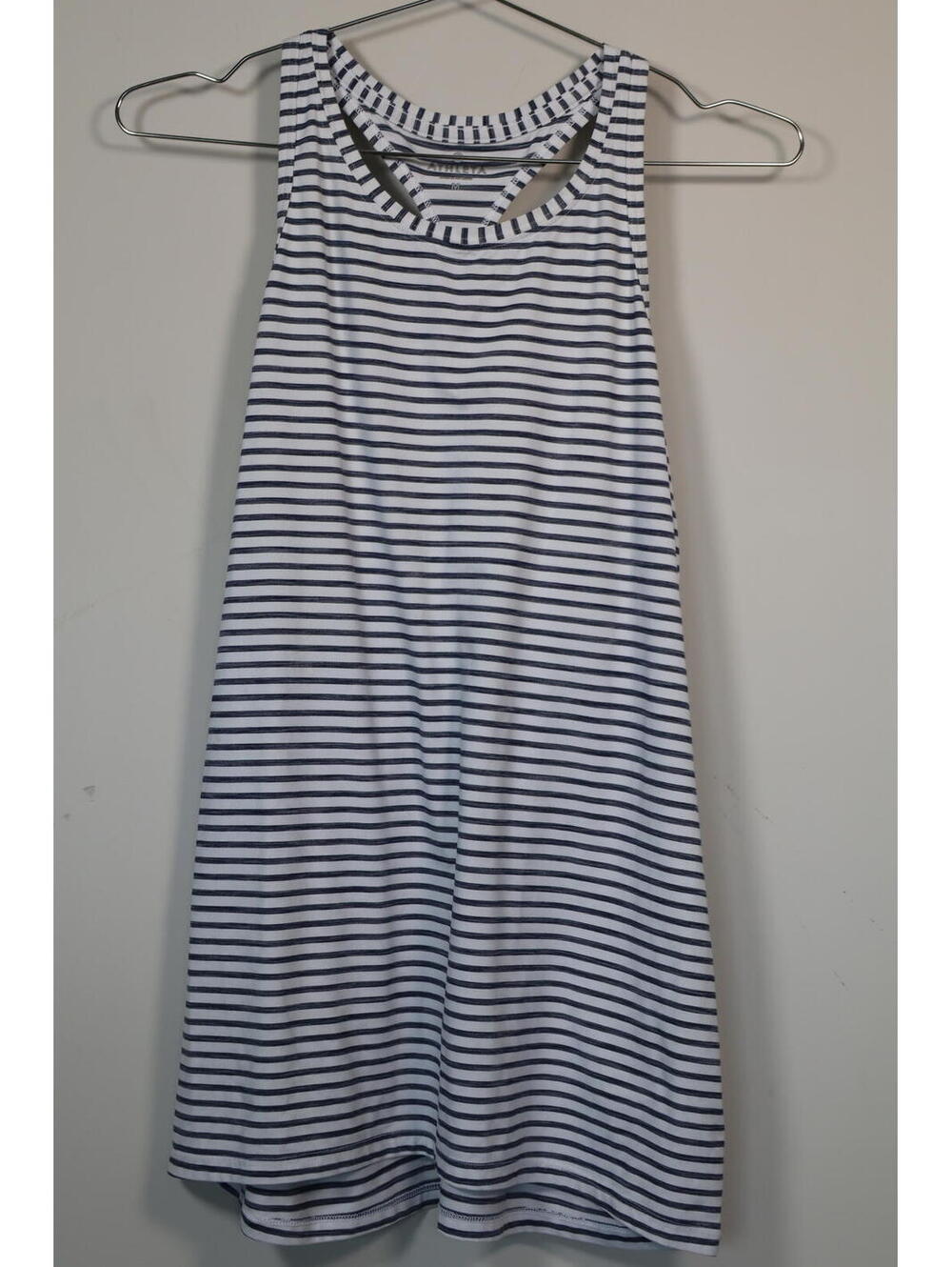 Athleta racerback activewear tank top featuring a white and blue striped design